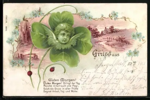AK Engel in einem Kleeblatt mit Mariechenkäfern, Gruss aus