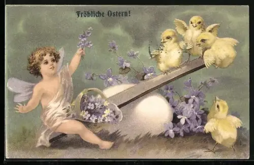 Künstler-AK Osterküken spielen mit einer Elfe auf einer Wippe, Fröhliche Ostern