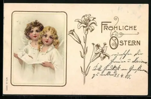 Lithographie Zwei Osterengel mit einem Gesangsbuch, Fröhliche Ostern