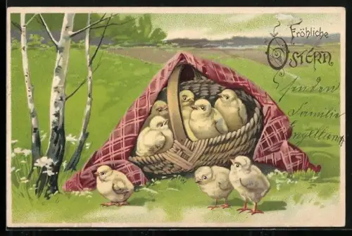 AK Osterküken im Korb neben einer Birke, Fröhliche Ostern