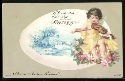 AK Osterengel spielt Geige, Fröhliche Ostern