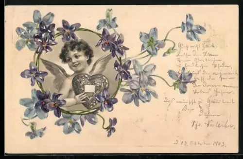 AK Engel mit Herz und blauen Blumen