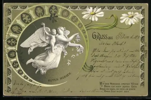 Lithographie Schwebender Engel verstreut Blumen, Guten Morgen, Gruss aus
