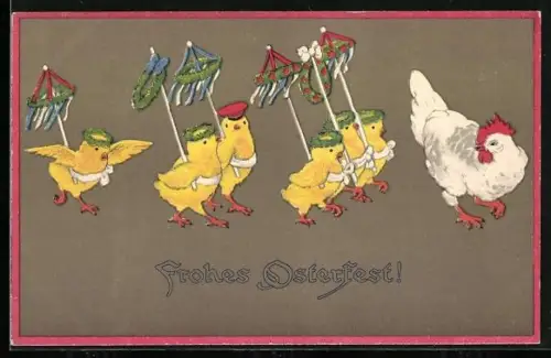 AK Osterküken-Parade mit einem Hahn, Frohes Osterfest