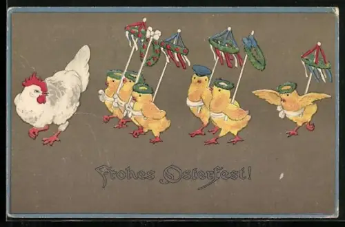 Künstler-AK Osterküken mit Kränzen laufen einem Huhn hinterher, Frohes Osterfest