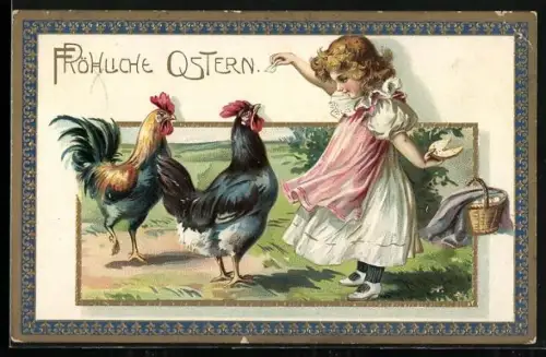 AK Mädchen füttert Hahn mit Brot, Fröhliche Ostern