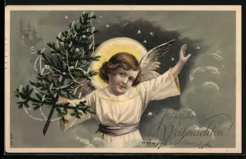 Künstler-AK Weihnachtsengel mit Christbaum, Fröhliche Weihnachten