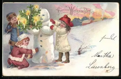 Lithographie Kinder bauen einen Schneemann mit Weihnachtsbaum, Fröhliche Weihnachten