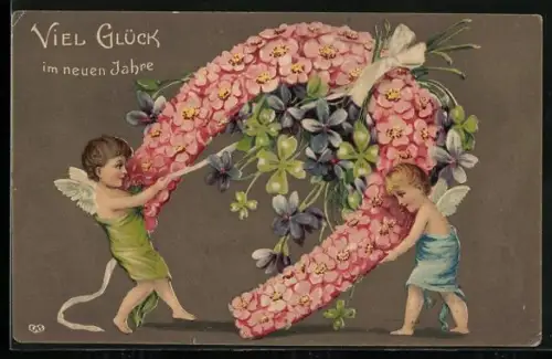 AK Neujahrsengel tragen Hufeisen aus rosa Blüten, Neujahr