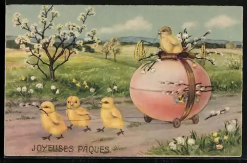 AK Osterküken auf einer Osterei-Kutsche gezogen von anderen Osterküken, Joyeuses Paques