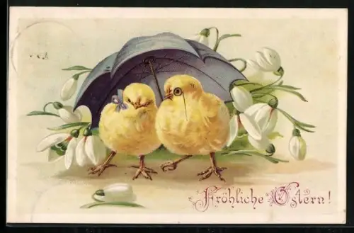Künstler-AK Osterküken sitzen unter einem Schirm, Fröhliche Ostern!