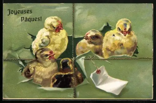 AK Osterküken gucken durch ein Loch im Papier, Joyeuses Paques