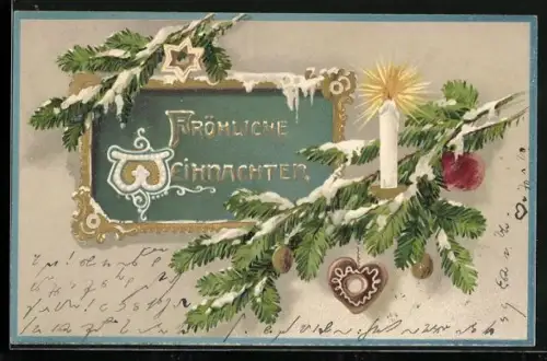 Lithographie Lebkuchenherz an einem geschmückten Weihnachtsbaumzweig, Fröhliche Weihnachten