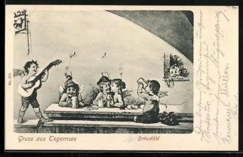 Lithographie Tegernsee, Engel trinken bier im Bräustübl