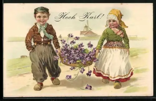 Präge-AK Holländische Kinder tragen einen Blumenkorb, Hoch Karl