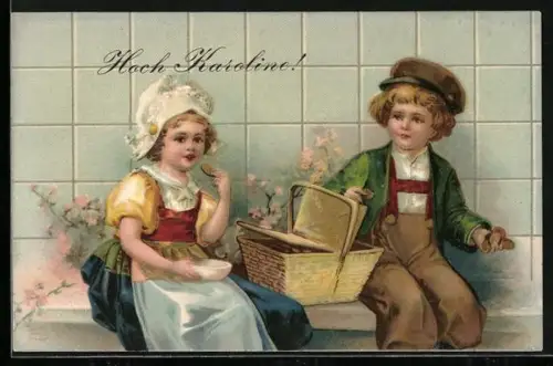 AK Zwei Kinder mit einem Picknick-Korb, Hoch Karoline