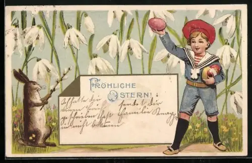 Lithographie Kind in Matrosenanzug und Osteiern mit einem Osterhasen
