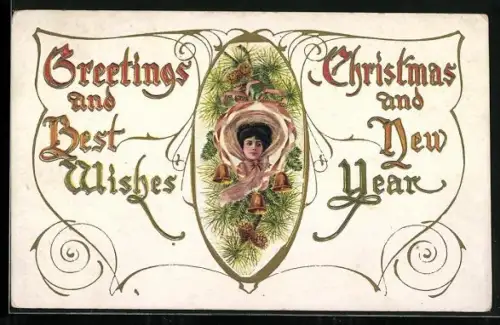 Präge-AK Dame mit Hut, Glocken und Tannenzapfen, Greetings and Best Wishes, Christmas and New Year