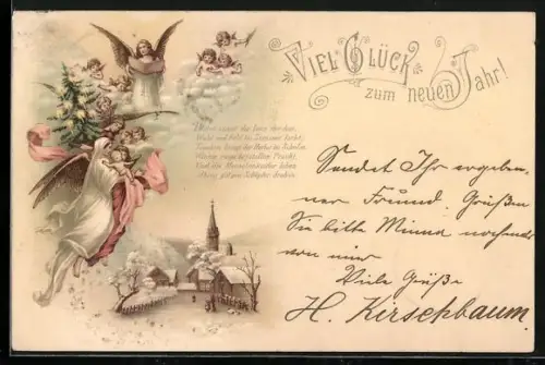 Lithographie Neujahrsengel blicken aus den Wolken auf das verschneite Dorf, Viel Glück zum neuen Jahr!