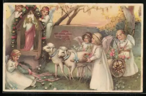 Künstler-AK Osterengel mit Schafen und Ostereiern in einem Garten