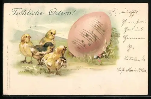 Lithographie Osterküken und mit Noten bemaltes Ei, Fröhliche Ostern