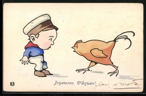 Künstler-AK Wütendes Osterküken läuft auf einen Jungen zu, Joyeuses Paques