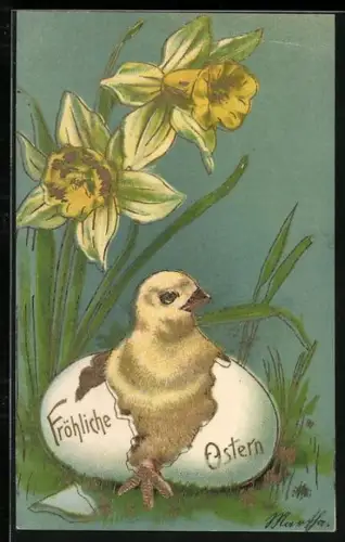 Lithographie Osterküken schlüpft aus Eierschale, Osterglocken, Fröhliche Ostern