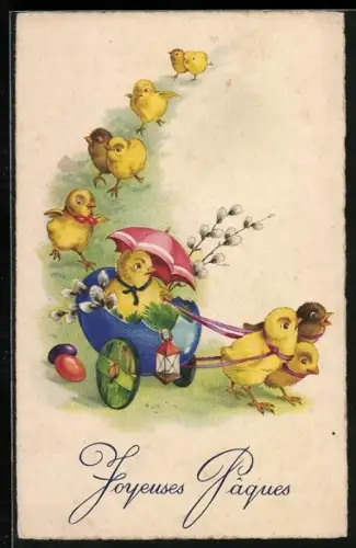 Künstler-AK Osterküken-Kolonne mit Eierschalen-Kutsche, Joyeuses Paques
