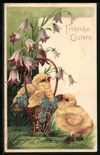 Künstler-AK Zwei Osterküken mit einem Korb mit Vergissmeinnicht, Fröhliche Ostern