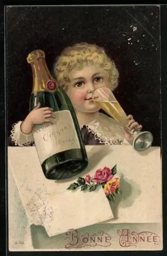 Künstler-AK Kind mit einer Weinflasche im Arm und Rosen, Bonne Année