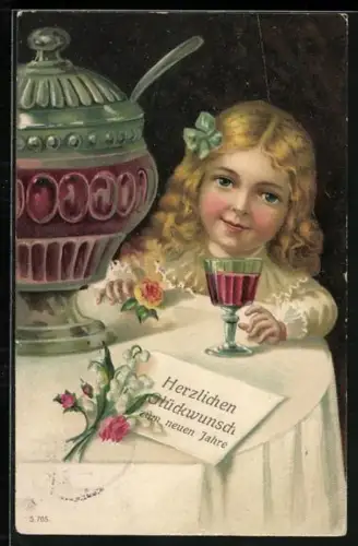 Künstler-AK Mädchen mit einer Schale Punsch und einem Glas, Herzlichen Glückwunsch zum neuen Jahre