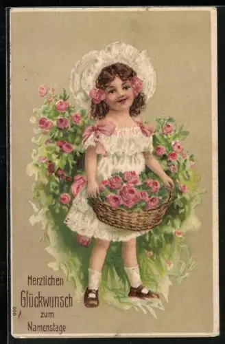 Künstler-AK Mädchen mit Rosen, Herzlichen Glückwunsch zum Namenstag