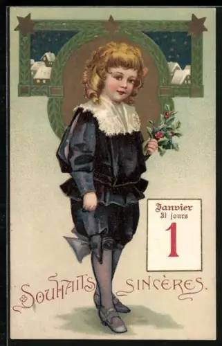 AK Kind mit Stechpalmenzweig und Kalenderblatt, Souhaits Sincères