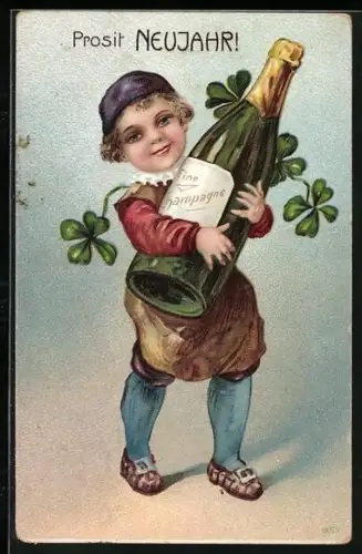 Künstler-AK Prosit Neujahr, Junge trägt Champagnerflasche und Kleeblatt