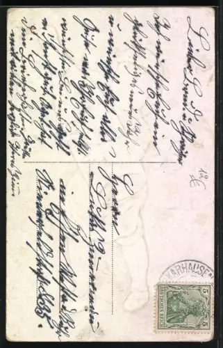 Künstler-AK Prosit Neujahr, Junge trägt Champagnerflasche und Kleeblatt