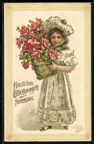 Künstler-AK Mädchen mit einem Strauss Rosen, Herzlichen Glückwunsch zum Namenstag