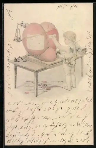Lithographie Amor verpackt ein Herz um es zu versenden