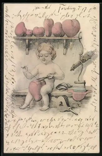 Lithographie Amor in seiner Werkstatt repariert Herzen
