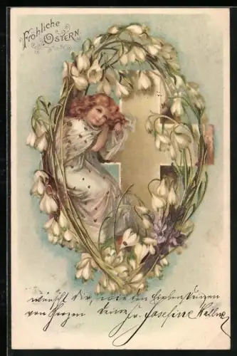 Lithographie Fröhliche Ostern, Mädchen und Schneeglöckchen mit weissem Kreuz