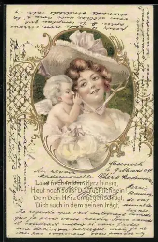 AK Engel flüstert einer Frau etwas ins Ohr, Lass mich in dein Herz hinein, heut noch sollst du glücklich sein