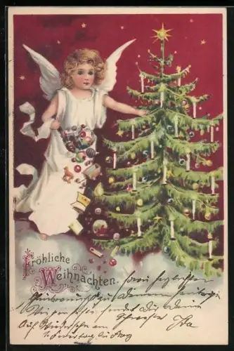 Lithographie Weihnachtsengel mit einem Weihnachtsbaum, Fröhliche Weihnachten
