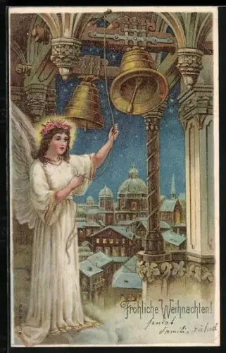 Lithographie Weihnachtsengel läutet Glocken, Fröhliche Weihnachten