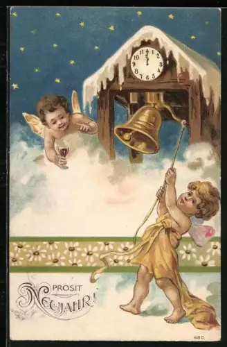 Künstler-AK Neujahrsengel läuten zum neuen Jahr eine Glocke, Prosit Neujahr