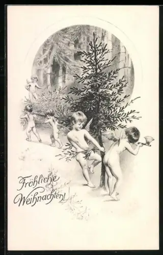 Lithographie Weihnachtsengel fällen Tannen im Wald, Fröhliche Weihnachten