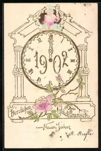 Lithographie Zwerg mit der Jahreszahl 1902 auf einer Uhr, Herzlichen Glückwunsch zum neuen Jahre