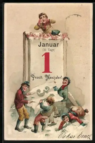 Lithographie Kinder reissen Kalenderblatt an Neujahr herunter, Prosit Neujahr