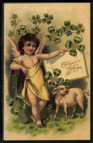 Künstler-AK Neujahrsengel lehnt an einem Hufeisen, Kleeblätter und Schwein, Bonne Année