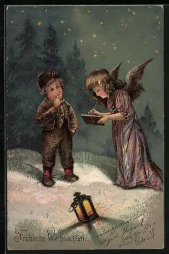 Lithographie Weihnachtsengel trifft kleinen Jungen mit Laterne in der Winternacht, Fröhliche Weihnachten