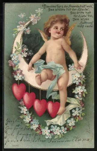 Lithographie Engel sitzt auf dem Mond mit Vergissmeinnicht und Herzen, Das eine Herz der Freundschaft weih...