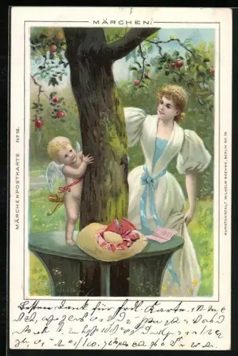 Lithographie Amor mit Pfeilköcher versteckt sich hinter einem Baum vor einer Frau